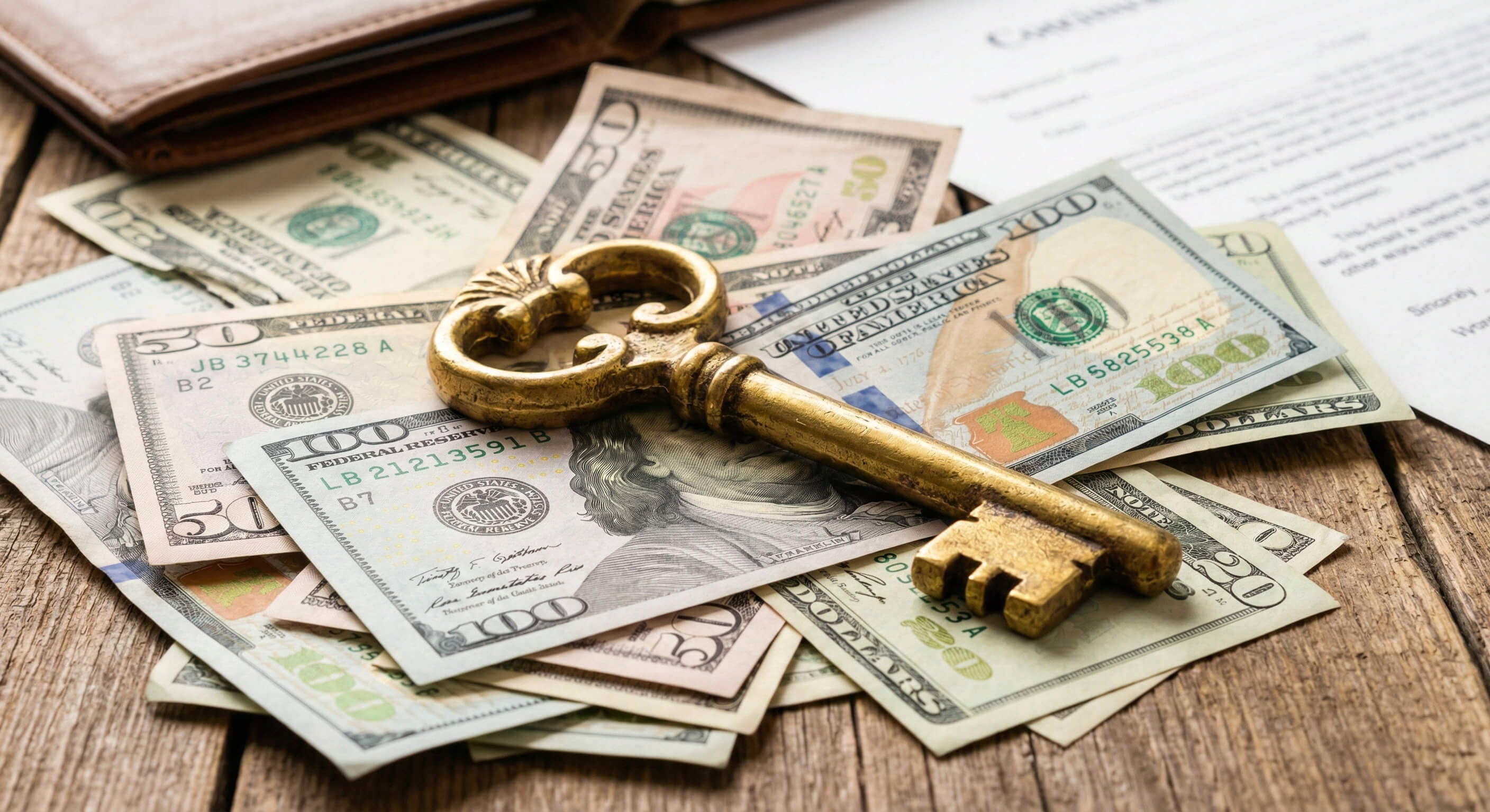 A gold key symbolizing success resting over United States dollar bills