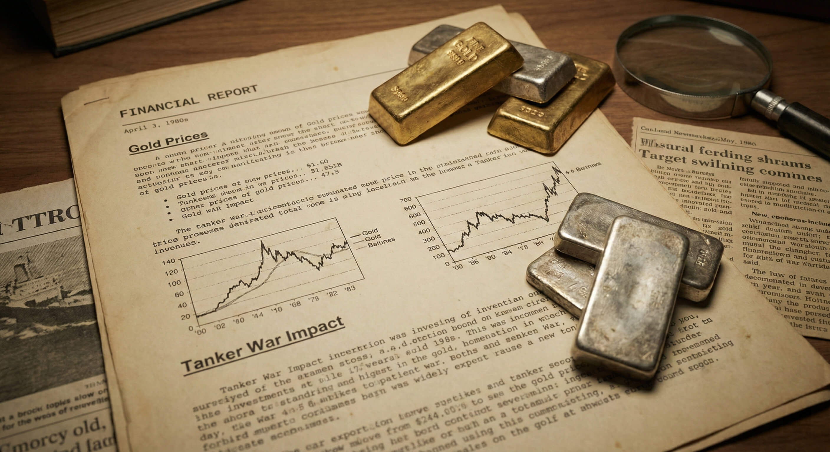 Historical financial report charts overlaid with physical silver bars and gold ingots.