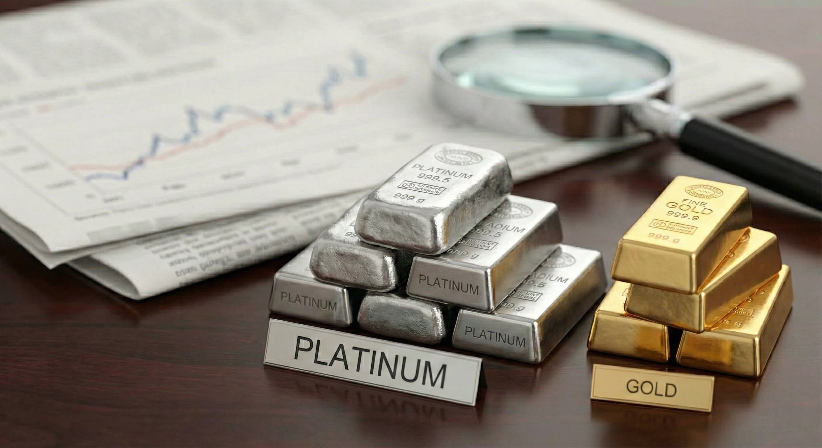 Close-up of a gold ingot resting next to a troy ounce palladium and platinum bar