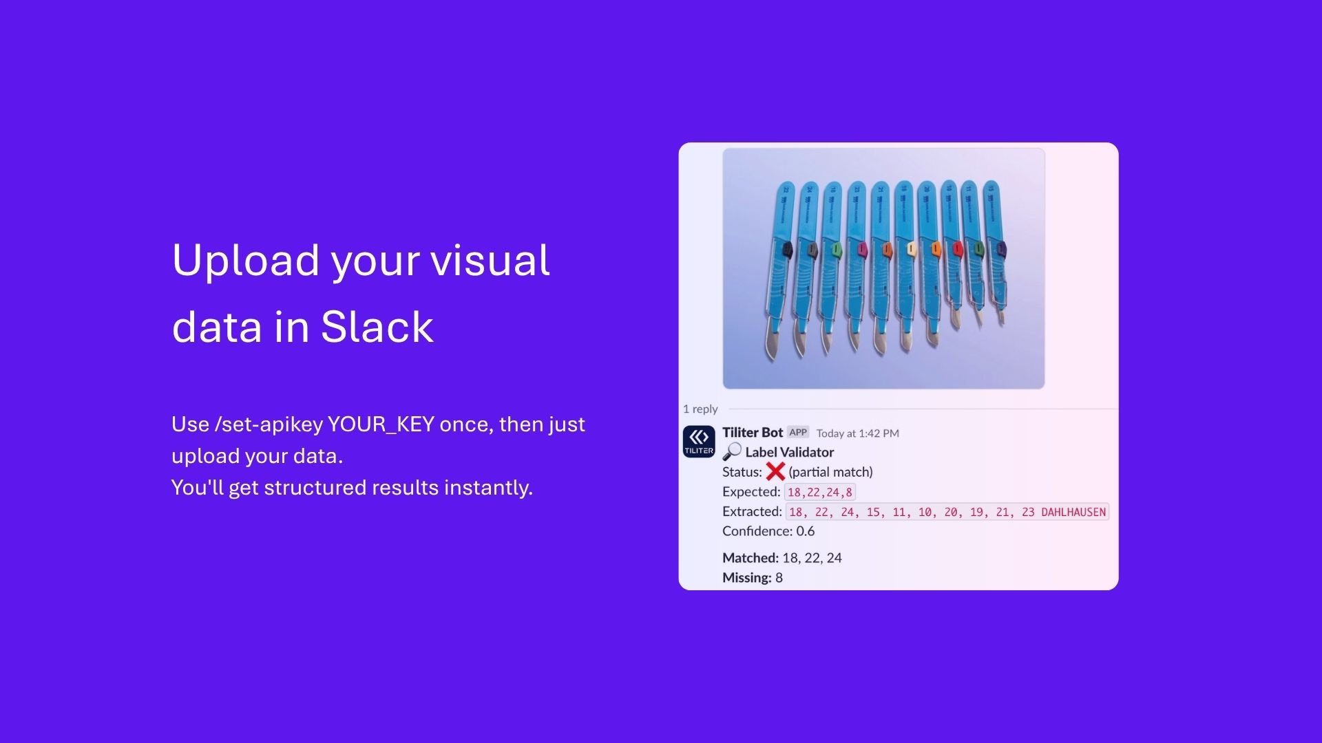 Upload image in Slack - Tiliter bot replies with structured results