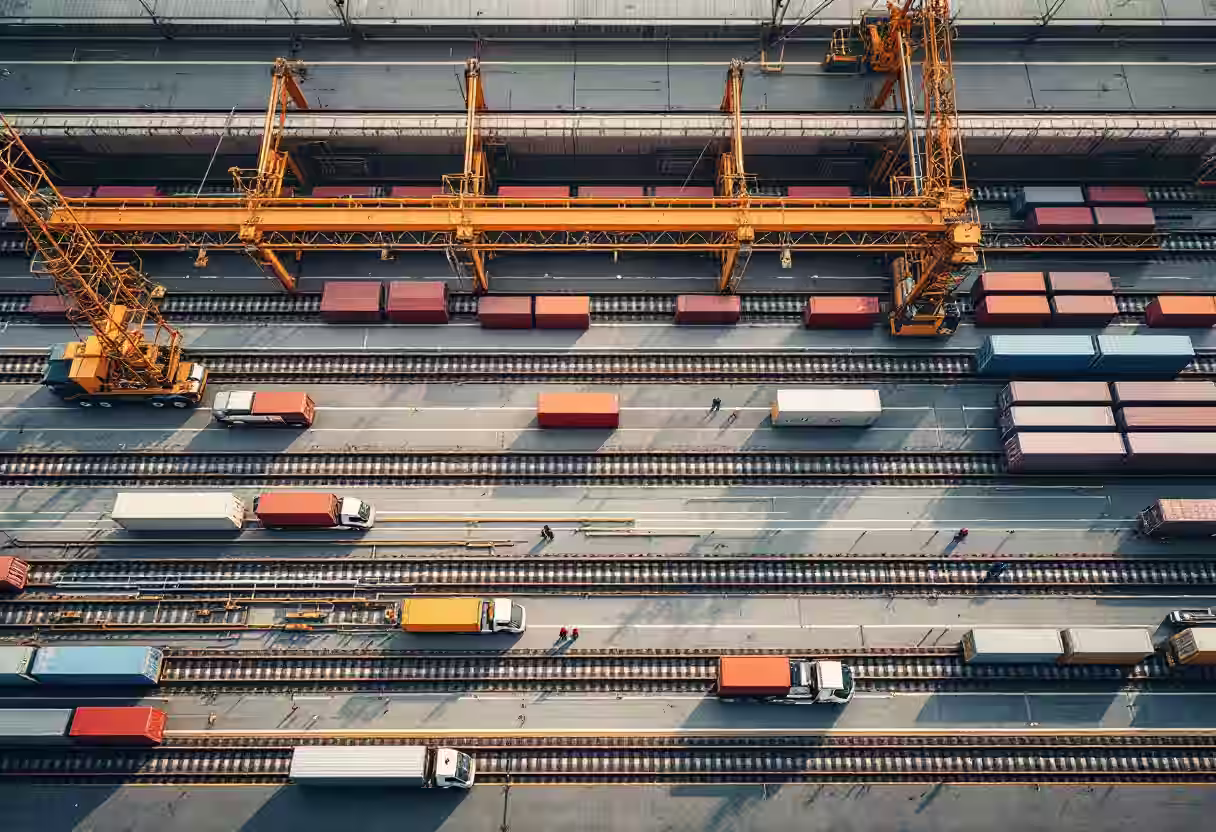 Shipping yard with containers and trucks
