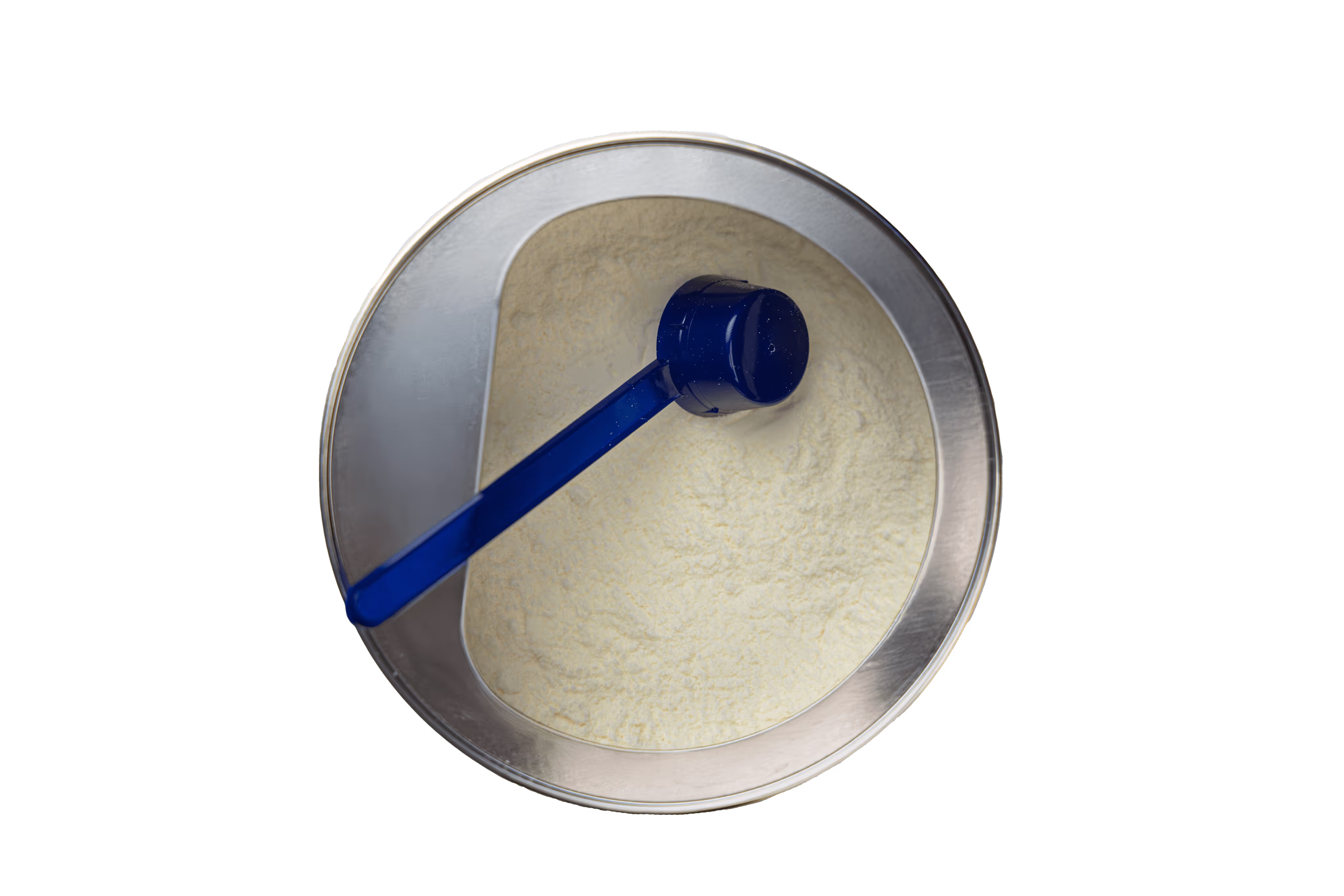 Ein blauer Löffel in einem Behälter mit babina Säuglingsnahrung.