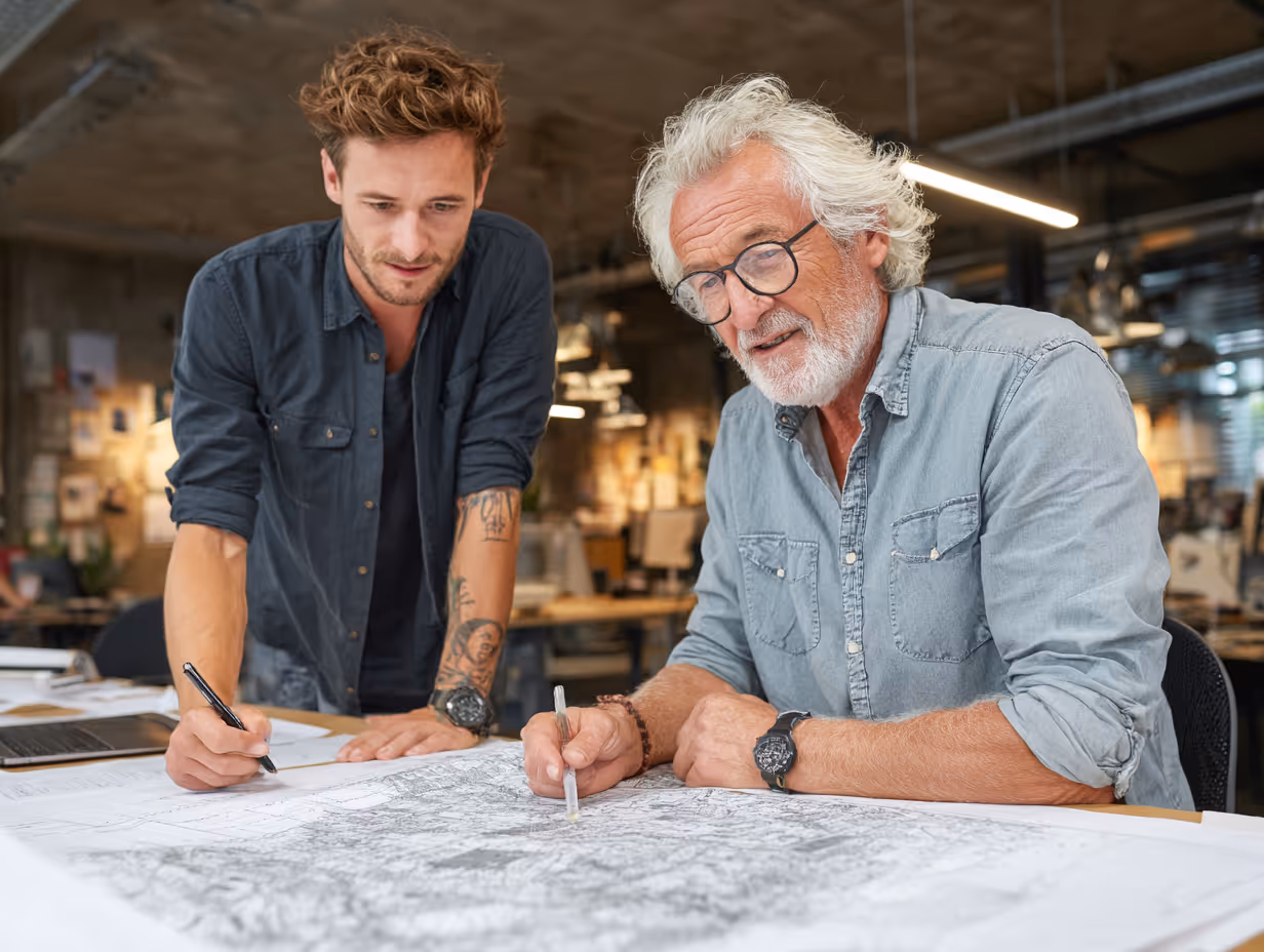 L’équipe Qualigéo Expert échange autour d’un plan de division parcellaire, soulignant une approche collaborative et experte du métier de géomètre.