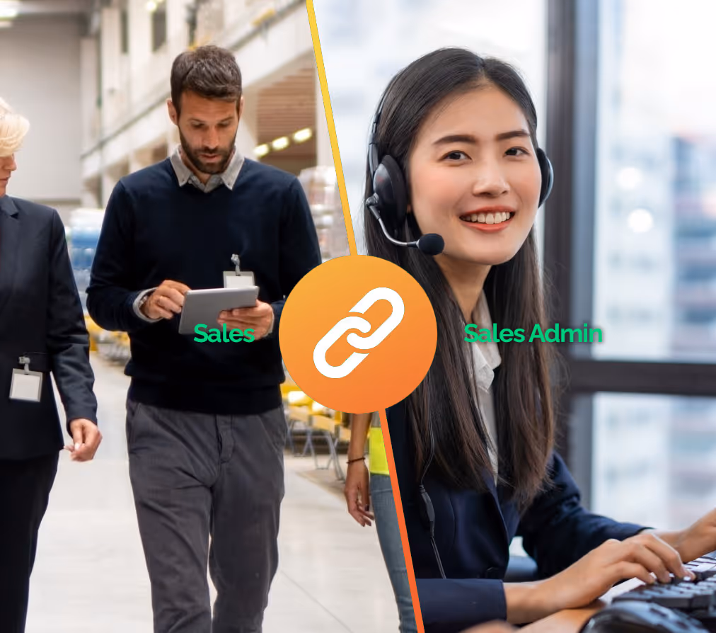 Split image showing a man using a tablet labeled Sales in a warehouse and a smiling woman wearing a headset labeled Sales Admin in an office.