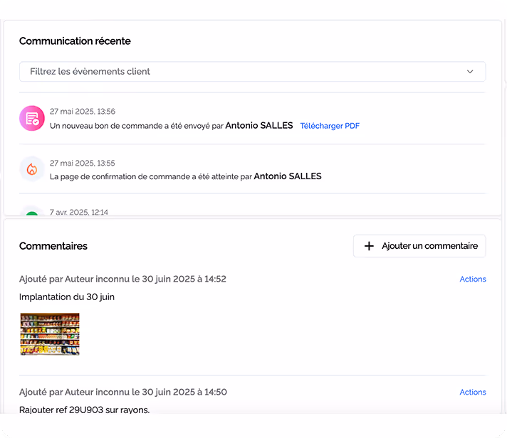 Dashboard showing recent client communications and comments with timestamps, user names, and a grocery shelf photo under comments.