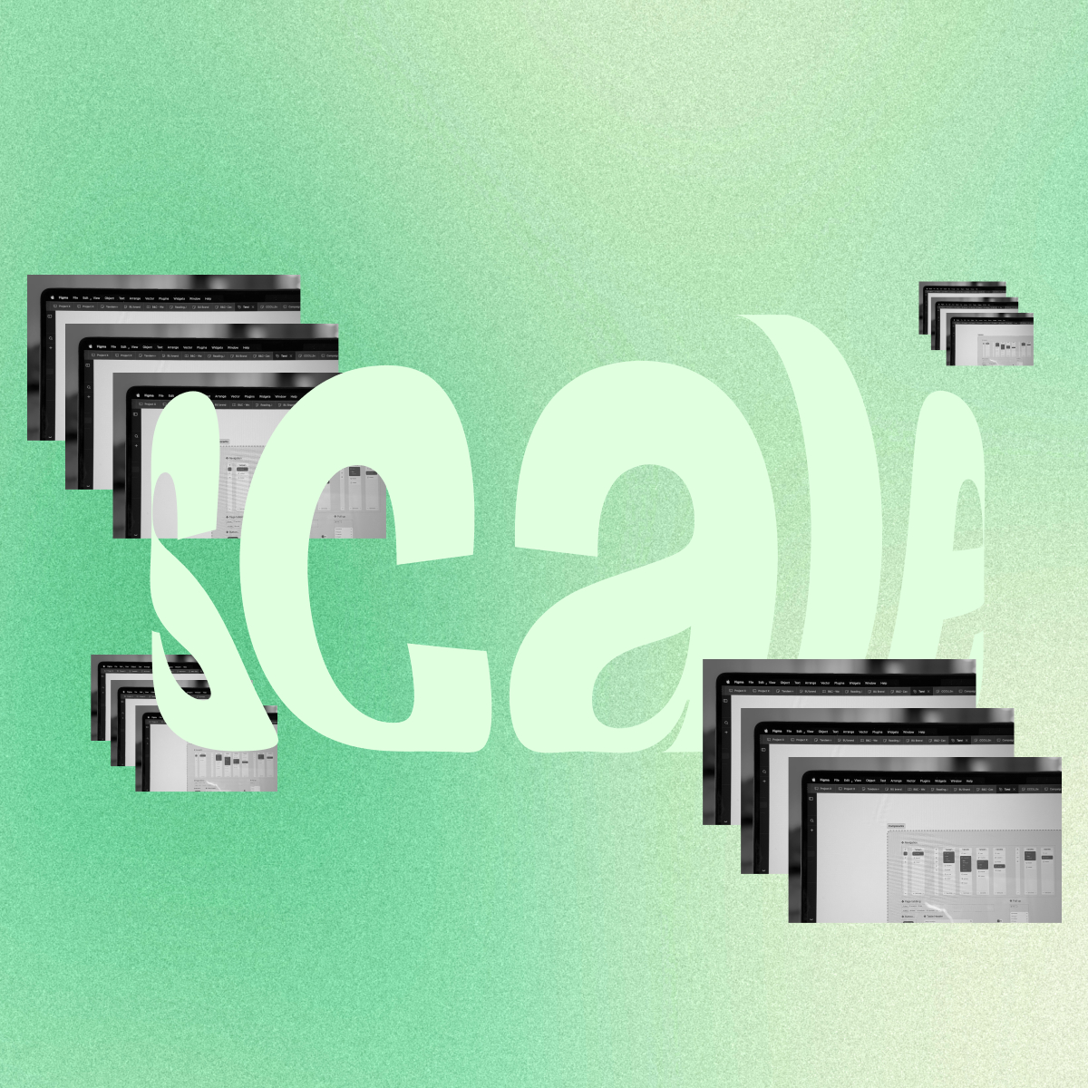 Multiple computer screens showing a user interface with the word 'scale' in large distorted white letters overlaying the image.