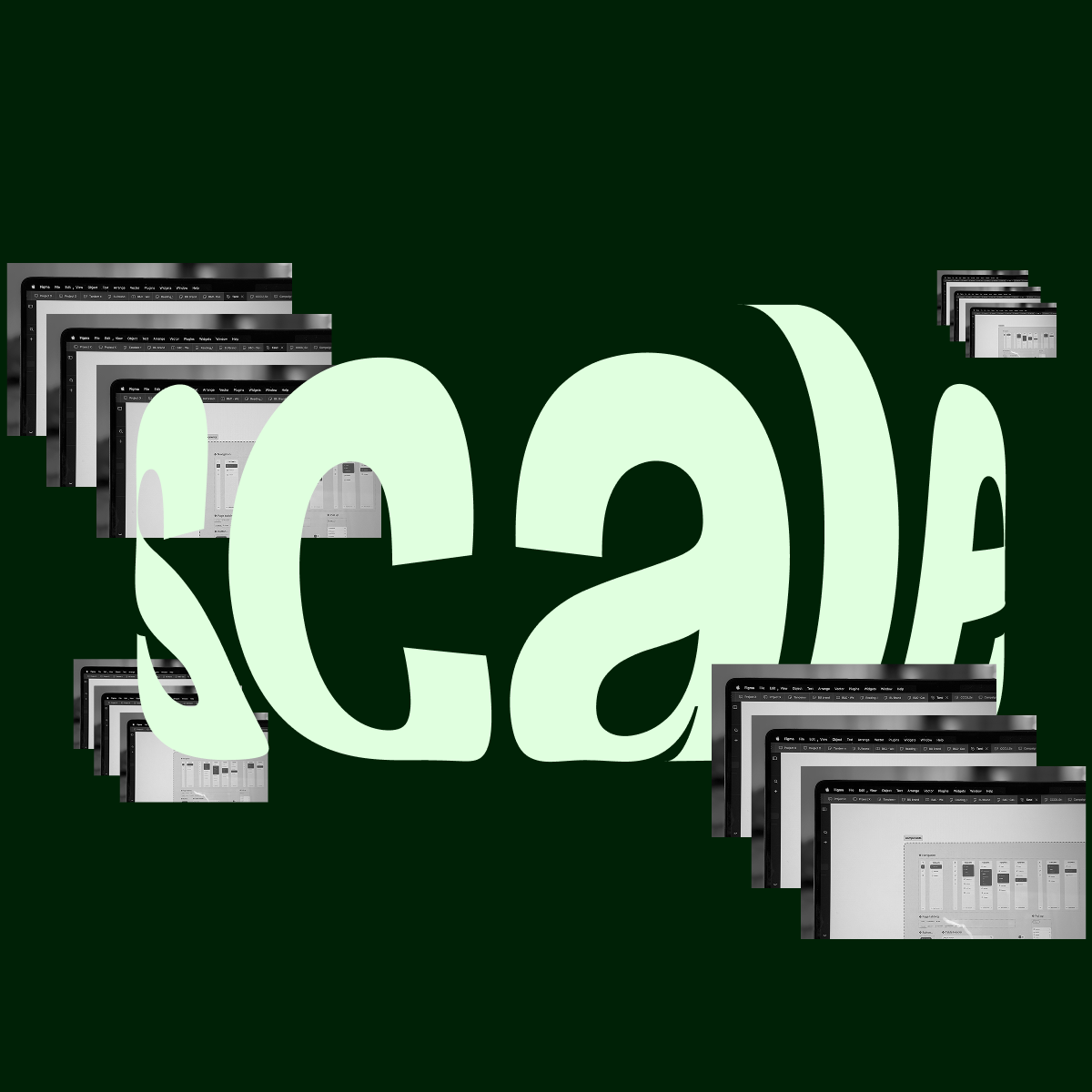 Multiple computer screens showing a user interface with the word 'scale' in large distorted white letters overlaying the image.
