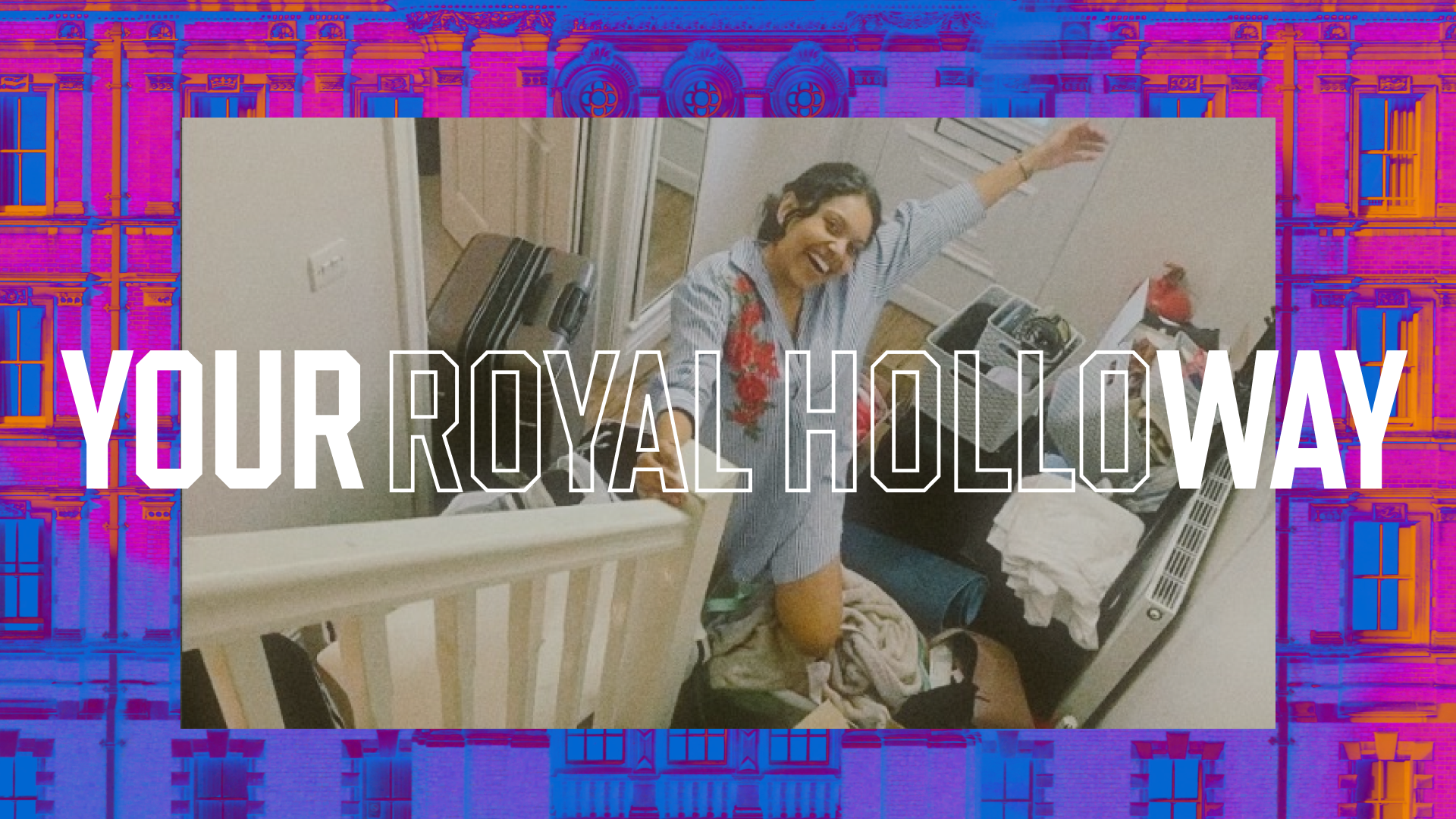 Smiling young woman with arms raised sitting in a cluttered room with packed suitcases and belongings.