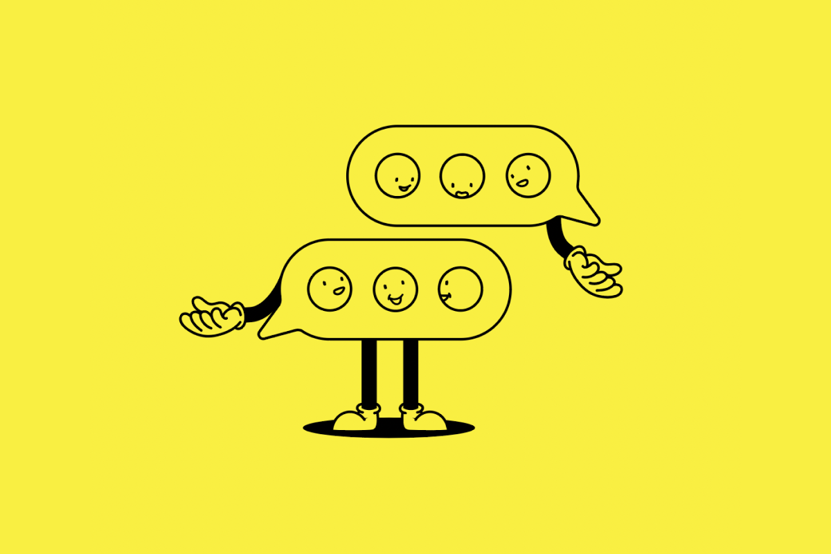 Two stylized speech bubbles with smiling faces inside, each with arms and legs, on a yellow background.