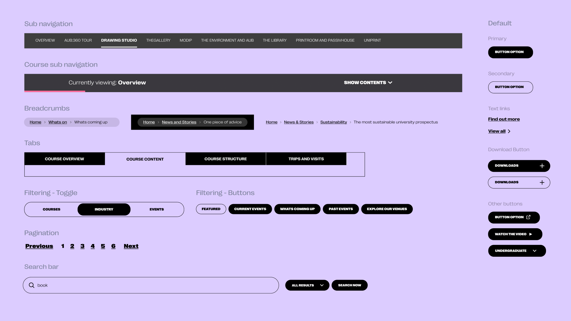 Webpage UI showcasing sub navigation, course sub navigation bar, breadcrumb links, tab menu, toggle and button filters, pagination links, and a search bar with options on a purple background.