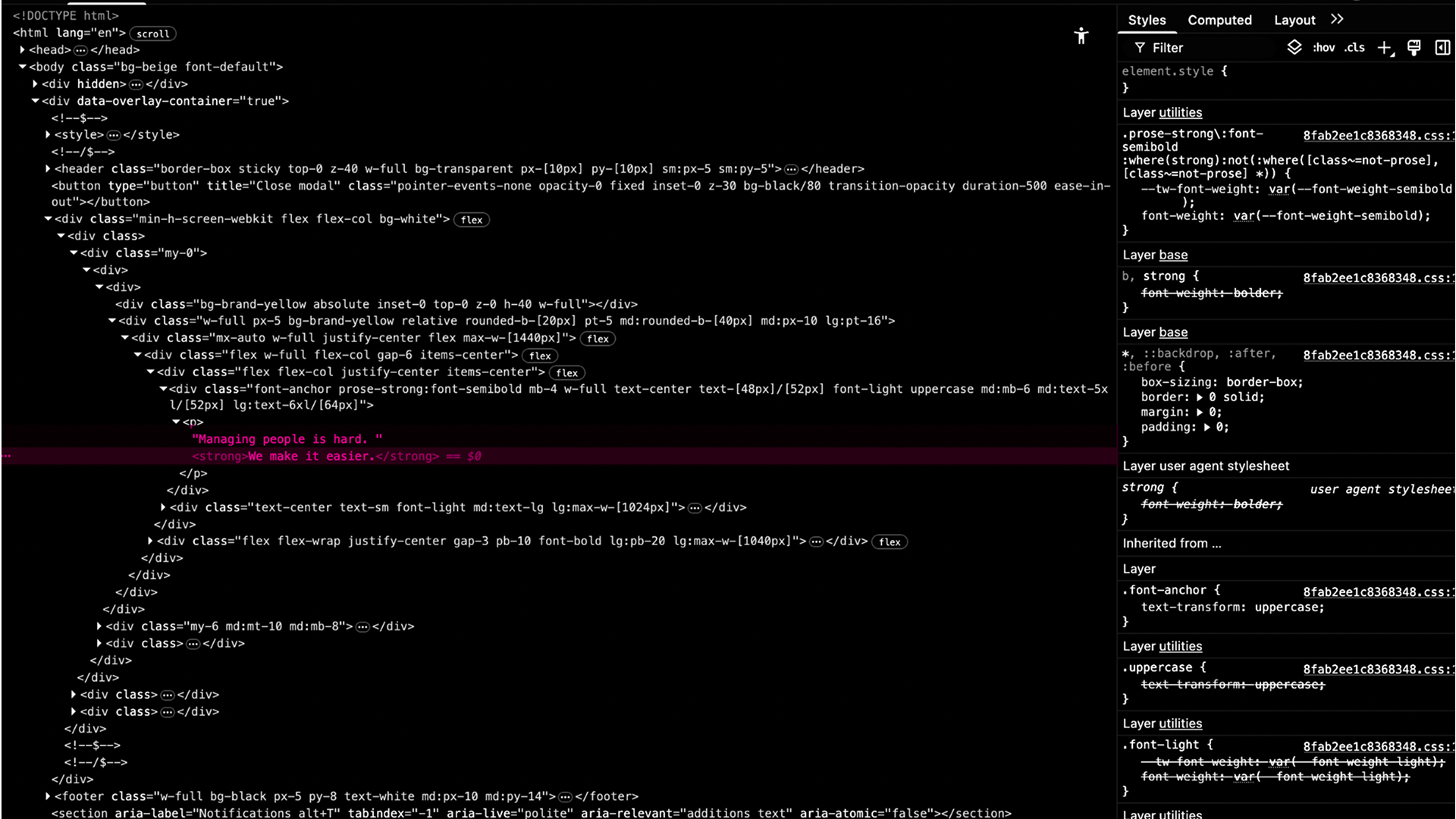 Developer tool view showing HTML code and CSS styles with a highlighted text line: 'Managing people is hard.' and bolded text 'We make it easier.'