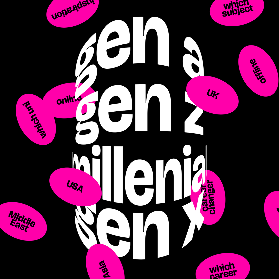 White distorted words 'gen a', 'gen z', 'millenial', and 'gen x' on black background surrounded by floating pink ovals with phrases like 'inspiration', 'which subject', 'online', 'UK', 'USA', 'offline', 'Middle East', 'career changer', and 'Asia'.