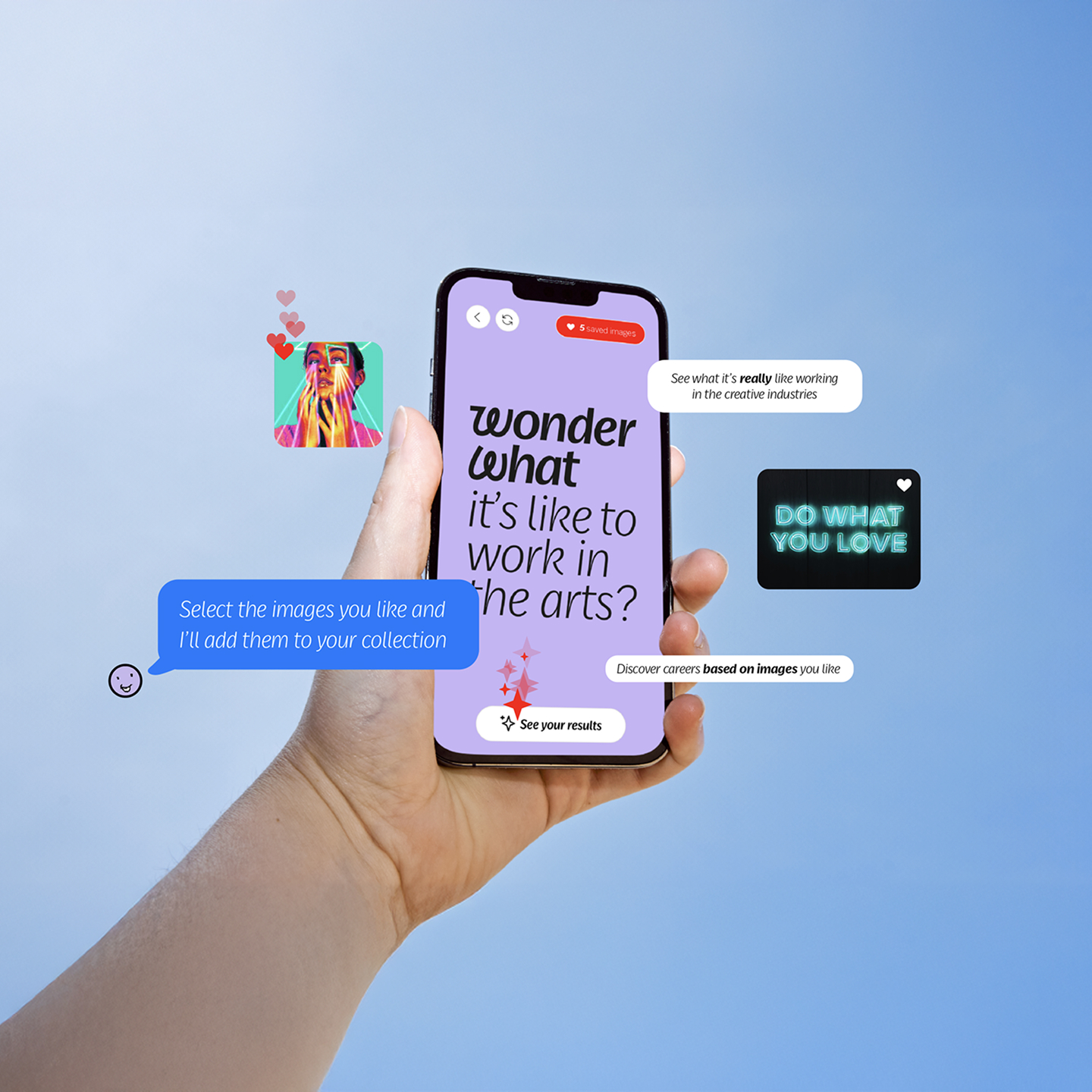 Hand holding smartphone displaying text 'wonder what it's like to work in the arts?' with floating messages encouraging image selection and career discovery in creative industries.