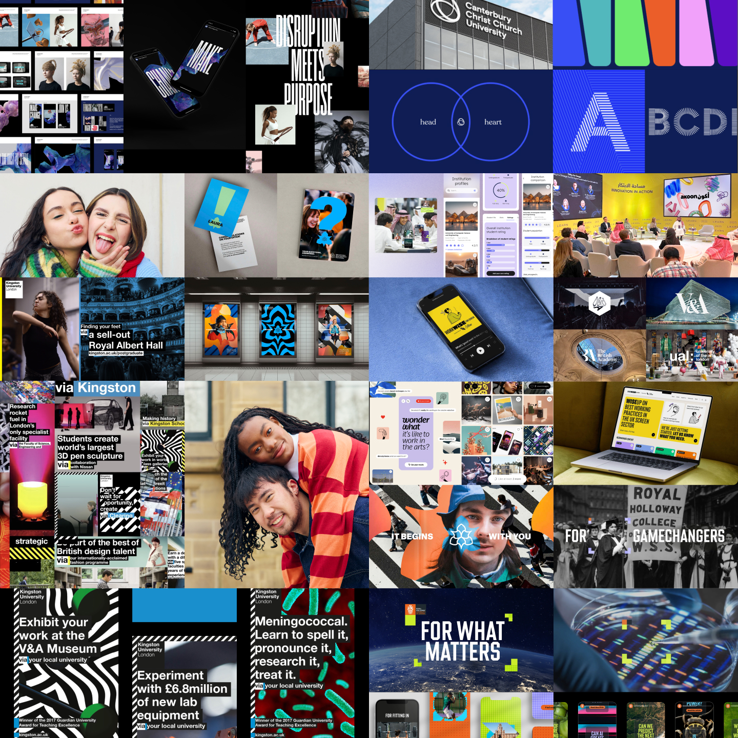 Collage featuring Kingston University London branding, student activities, technology, and creative arts imagery.