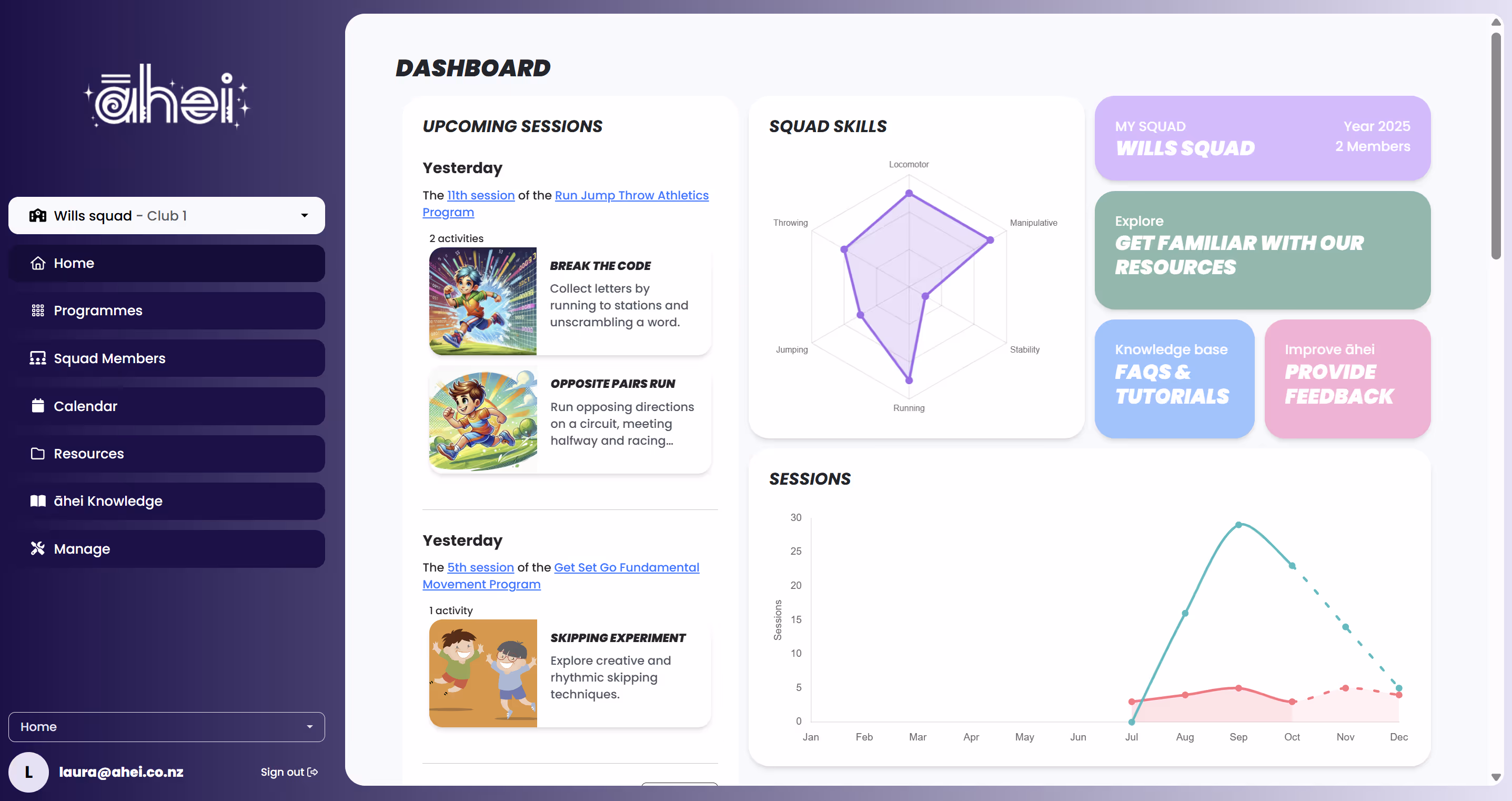 The main āhei dashboard screen, showing a progress chart for tracking classroom skills and competencies in physical education.
