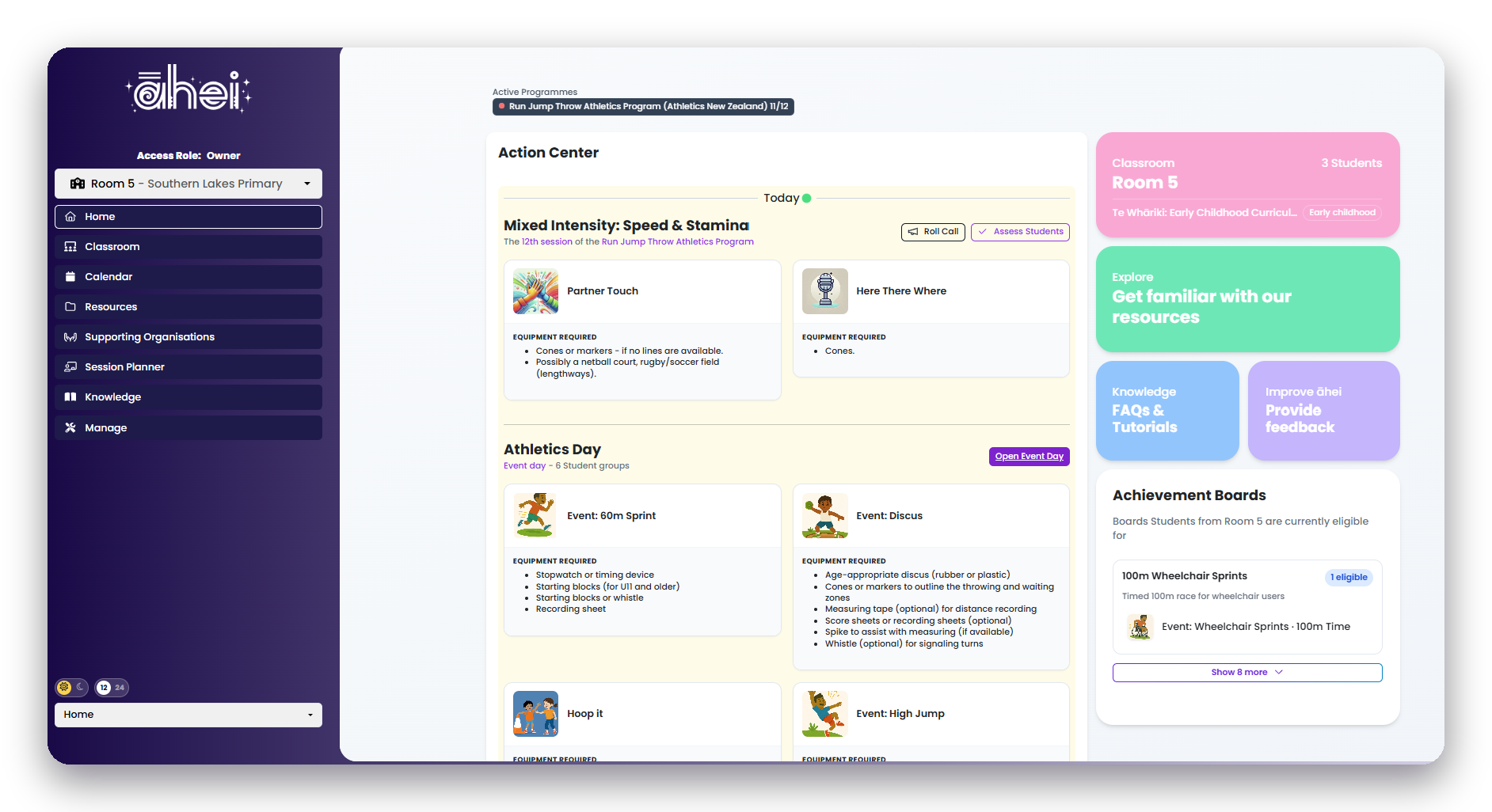 The āhei school dashboard, showing today's session, activities and equipment for the class.