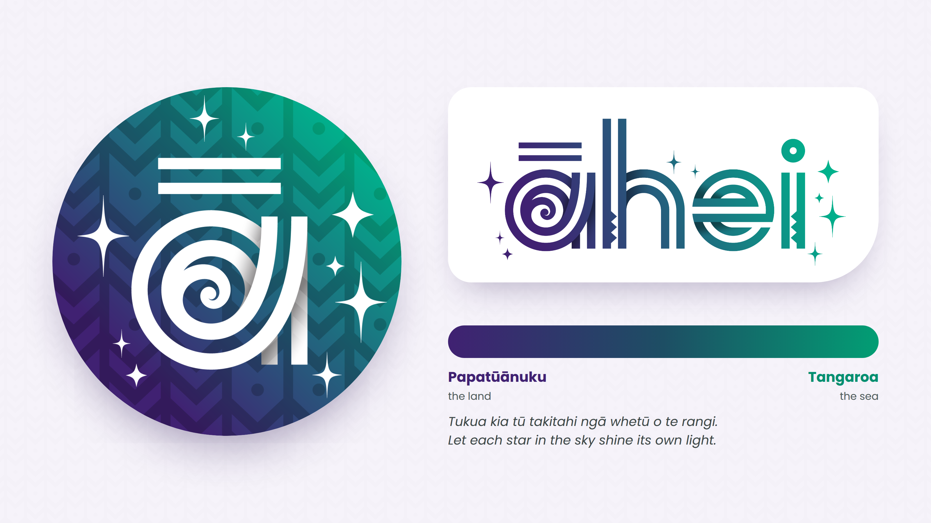 The āhei tohu and wordmark, with the brand gradient flowing from Papatūānuku, the land, to Tangaroa, the sea, and the whakataukī: Tukua kia tū takitahi ngā whetū o te rangi.