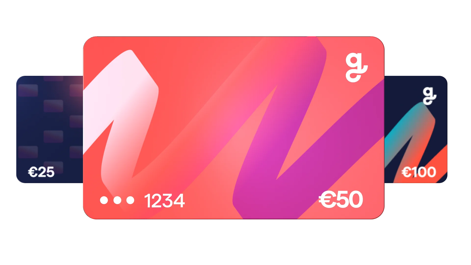 Three Giftify gift cards are fanned out, with the central card being a vibrant pink and purple design with a value of €50. A dark blue card with a grid pattern and €25 value is on the left, and a dark card with a blue and orange design and a €100 value is on the right.