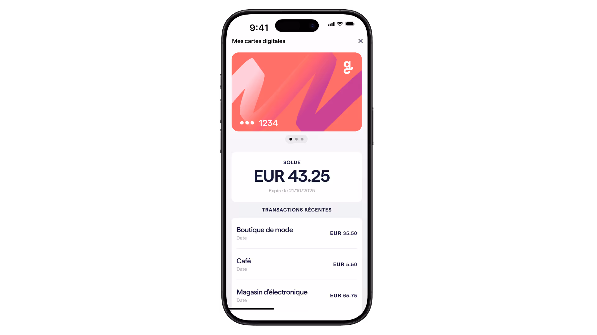 A 3D rendering of a smartphone displaying the Giftify app. The screen shows a digital gift card with a €50 value, a balance of €50.00, and a list of three recent transactions.