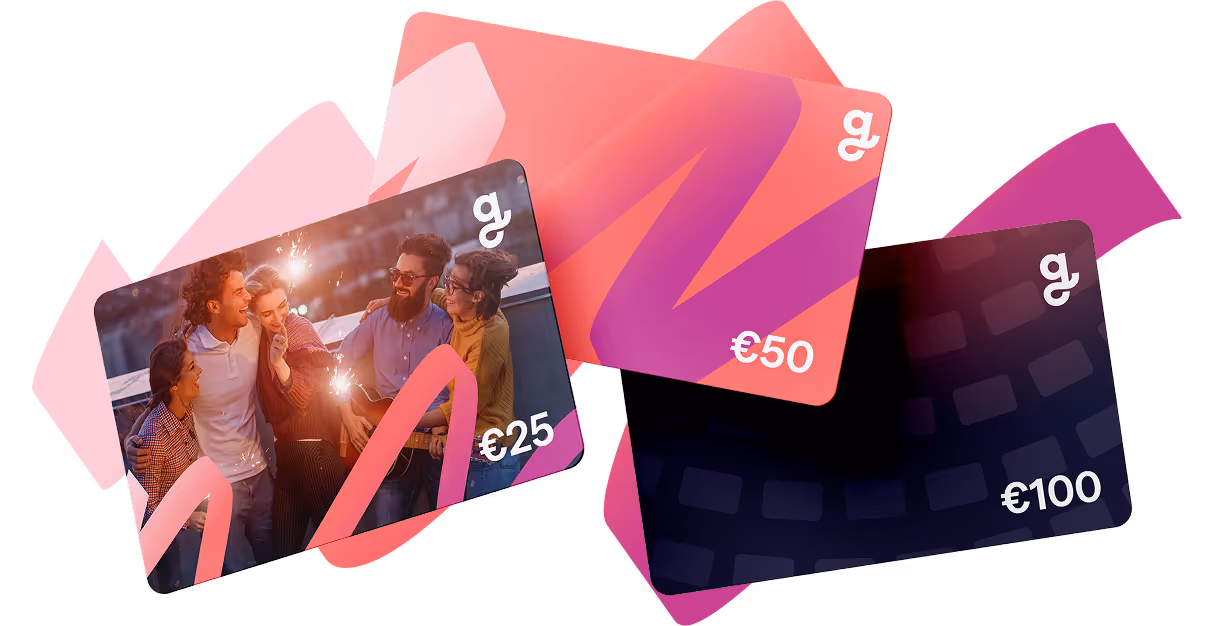 Three Giftify gift cards with different designs and load amounts floating on top of a ribbon