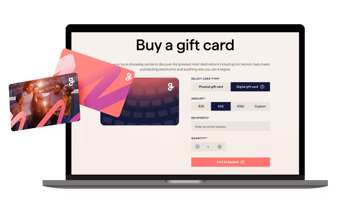 Three floating Giftify gift cards sporting different designs, overlayed on a Macbook screen showing the "Buy a gift card" eshop page.