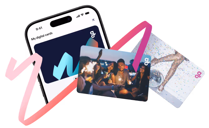 A collage of Giftify digital and physical cards, including one on a mobile phone, a physical card with a party theme, and another physical card with a disco-themed design.