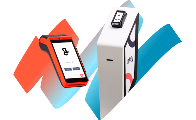Packshots of a Giftify mobile POS terminal and a Giftify vending machine, on a ribbon background