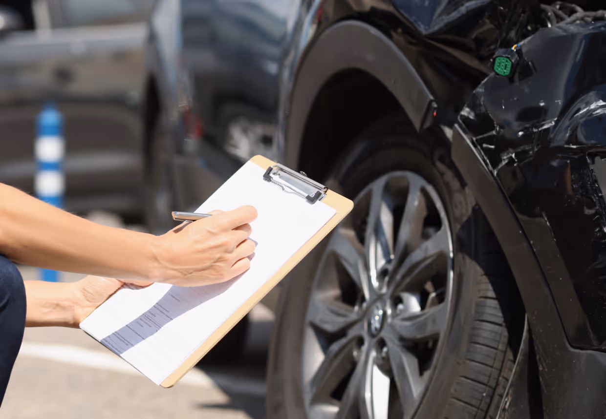 Close-up of insurer hand taking notes next to damaged car
