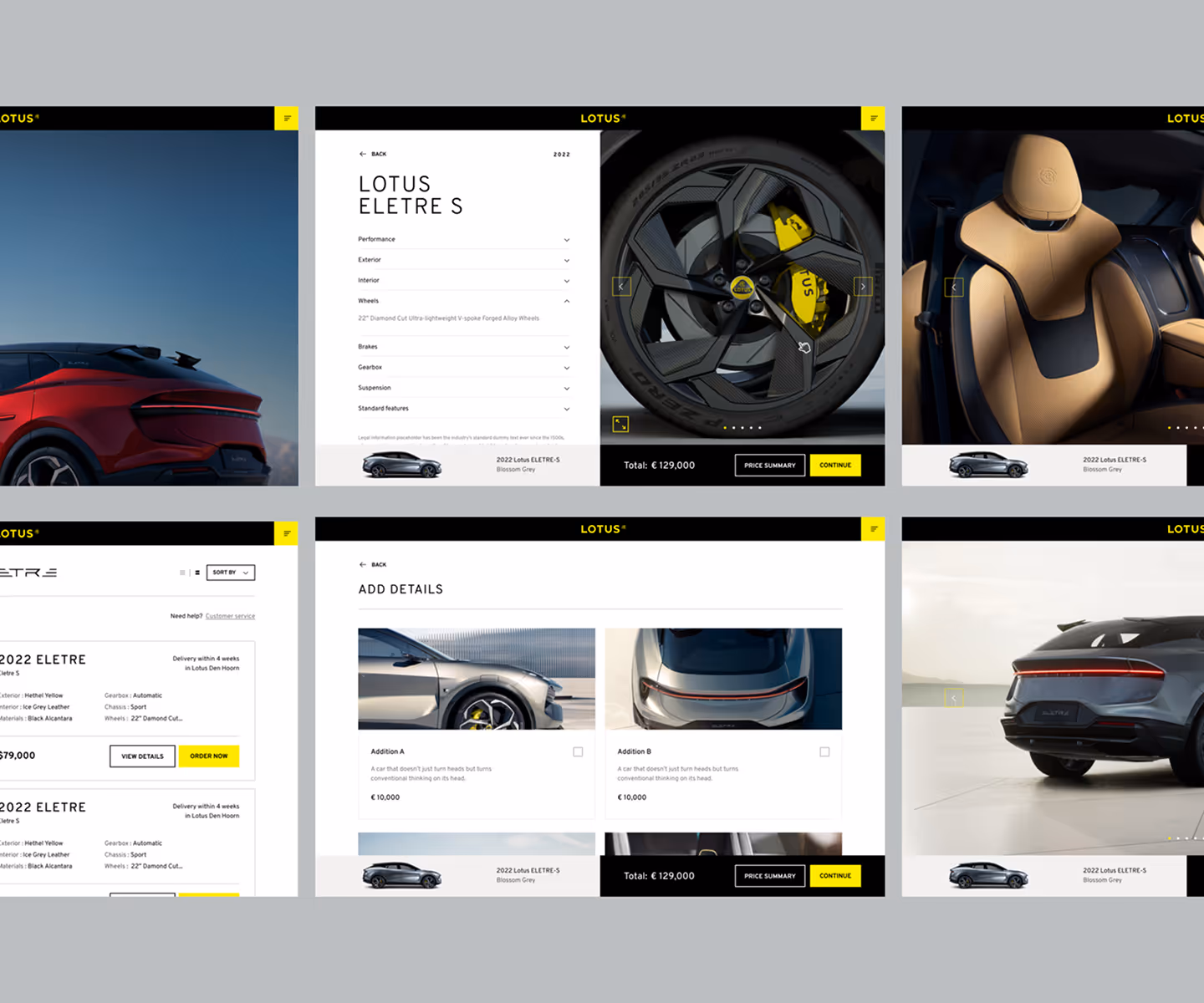 Collage of web interface screens showcasing the Lotus Eletre S electric vehicle with views of exterior, interior, wheels, and customization options including a rear view of the car and yellow brake calipers.