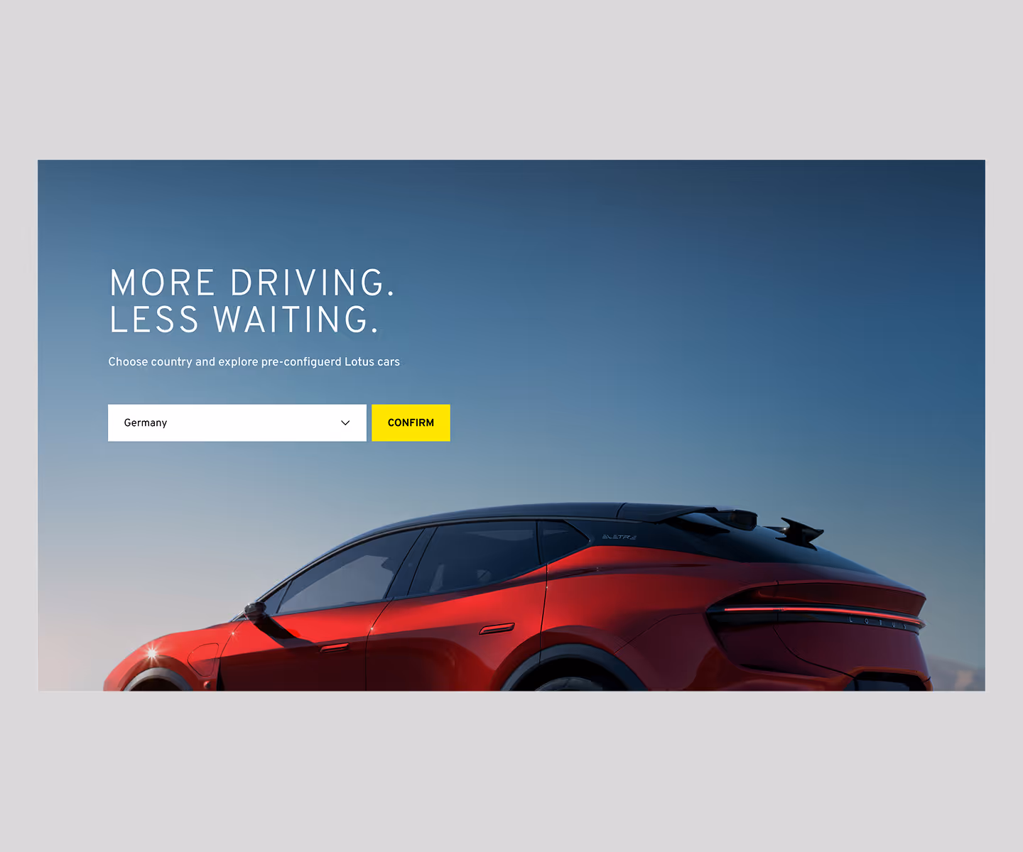 Red Lotus electric car model Elate against a clear blue sky with a selectable country dropdown and confirm button.