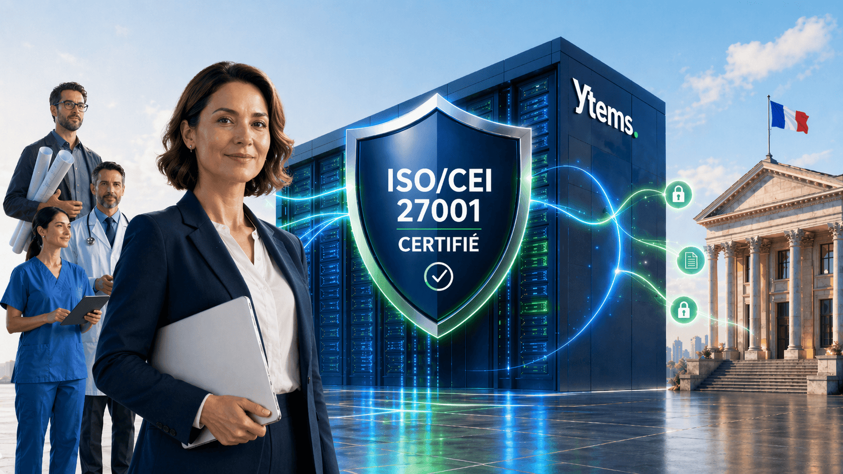 Illustration du siège d'Ytems certifié ISO 27001 avec une experte-comptable et des professionnels BNC.