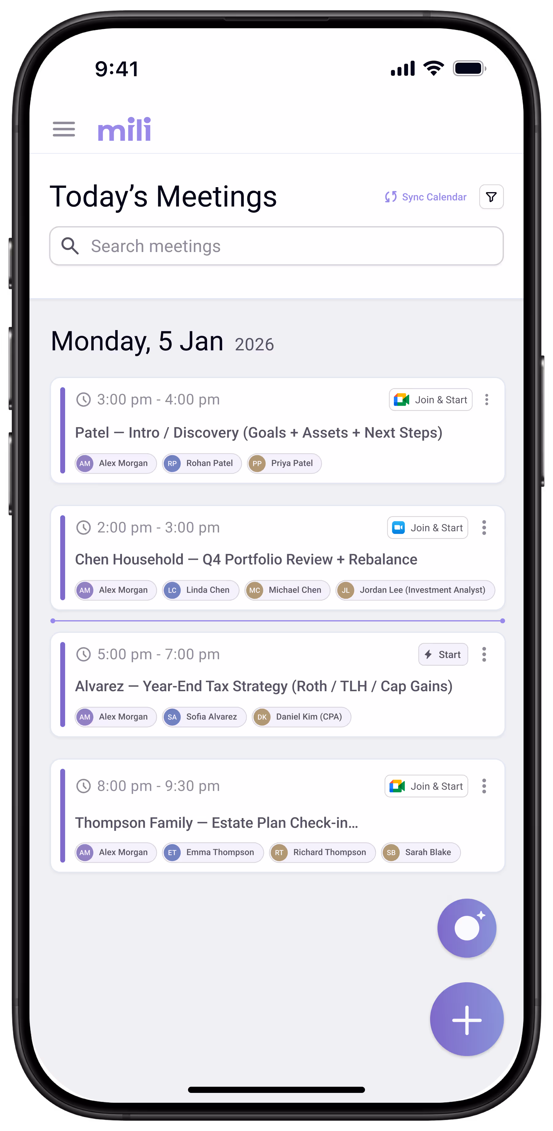 Smartphone screen showing a meetings app with a list of four scheduled meetings for Monday, 5 Jan 2026, including times, titles, participants, and join/start buttons.