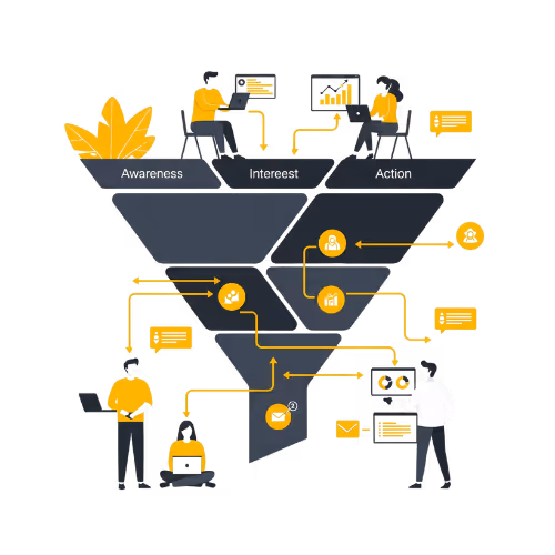 Illustration, die zeigt, wie ein B2B-Team durch ein klares, vernetztes System effizient zusammenarbeitet. Symbol für erfolgreiches Team-Enablement und Prozessoptimierung im Marketing.