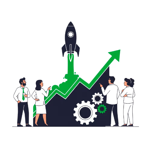 Illustration eines B2B-Teams, das ein erfolgreiches, autonomes System überwacht. Ein pfeilförmiger Wachstums-Graph und eine startende Rakete symbolisieren Skalierung, Autonomie und nachhaltiges Geschäftswachstum.