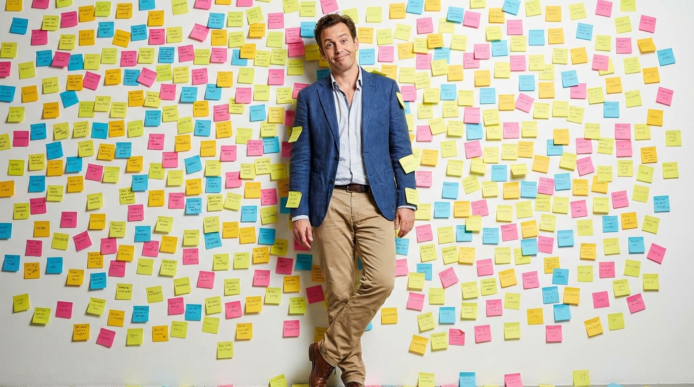 A man standing in front of a wall of post-its representing the insane amount of marketing tasks. These tasks can be reduced by 50% by performing a "Kill List" Marketing Audit.