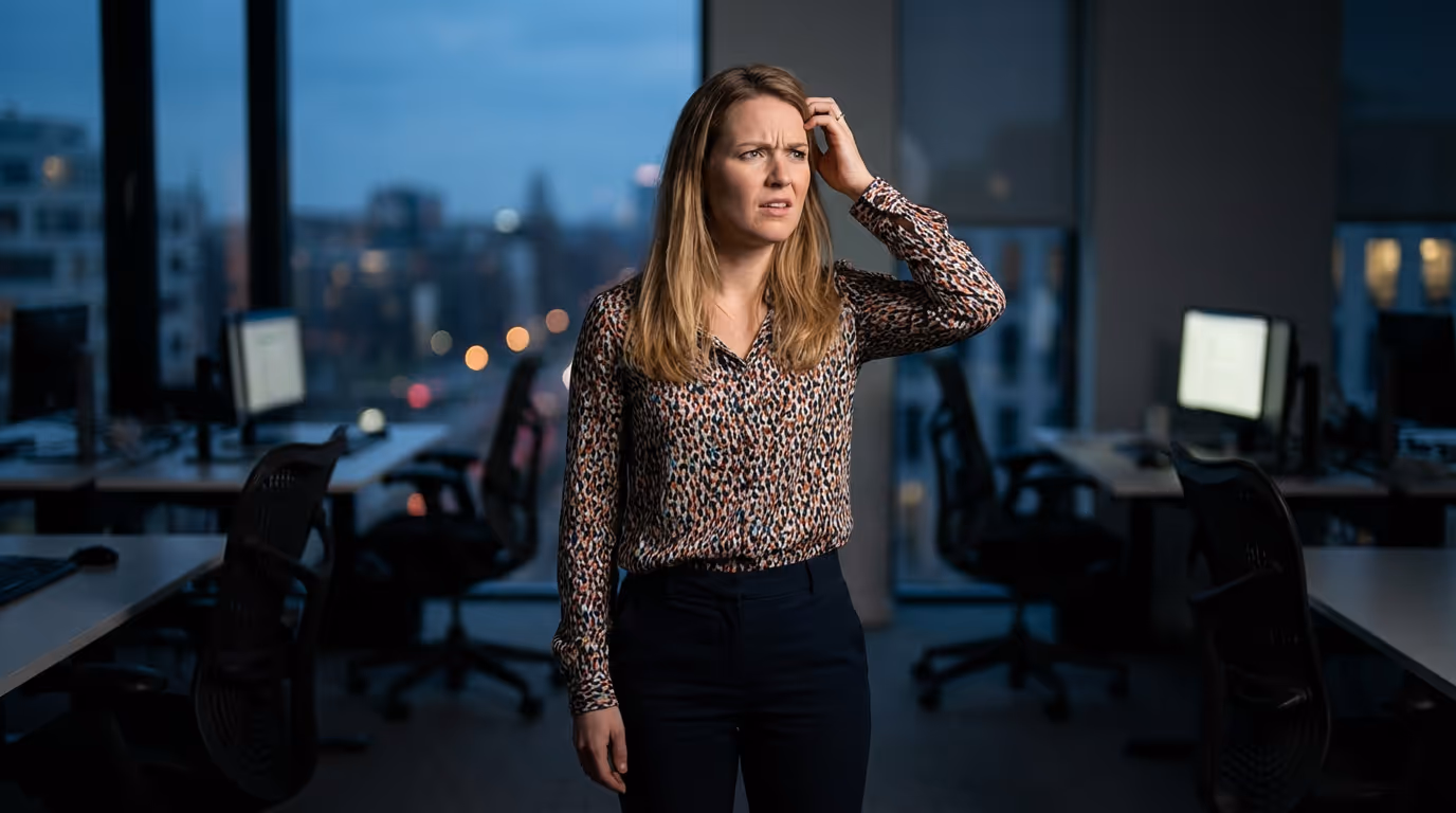 A woman is standing confused in her office and is wondeirng why her website is not converting.