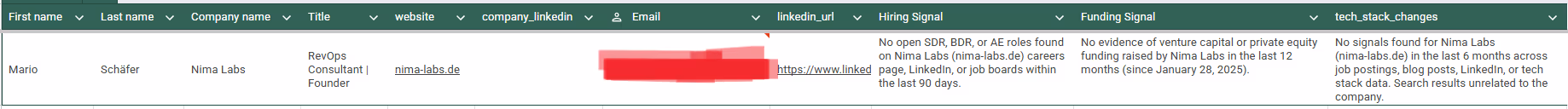 Required data fields in Google Sheets/Excel for lead enrichment.