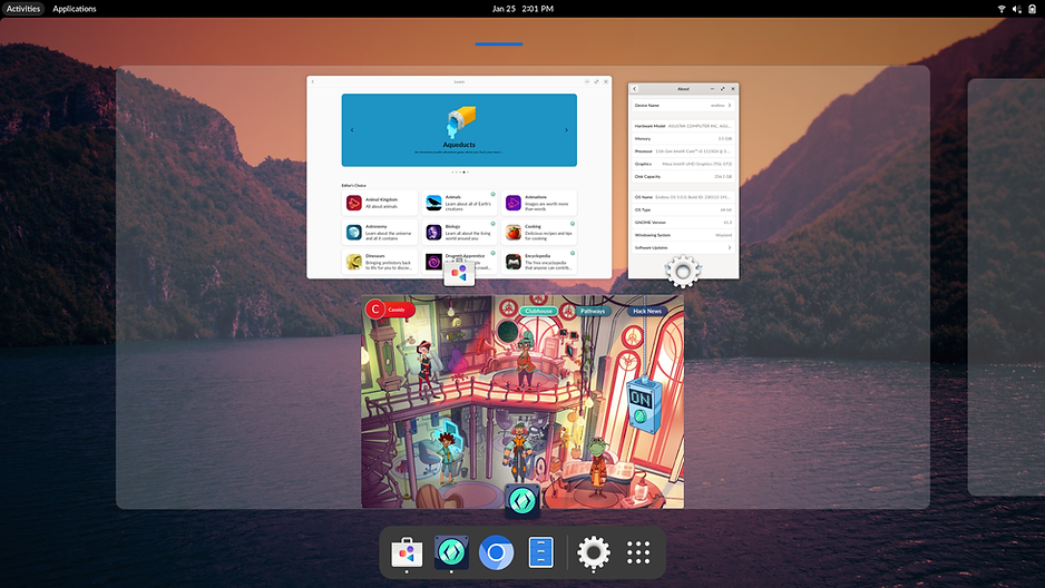 Screenshot of the Endless OS 5 Activities view with multiple workspaces
