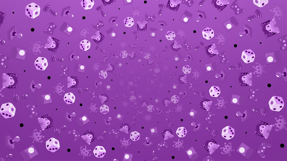 Illustration of a swirl of game-related emoji on a purple background