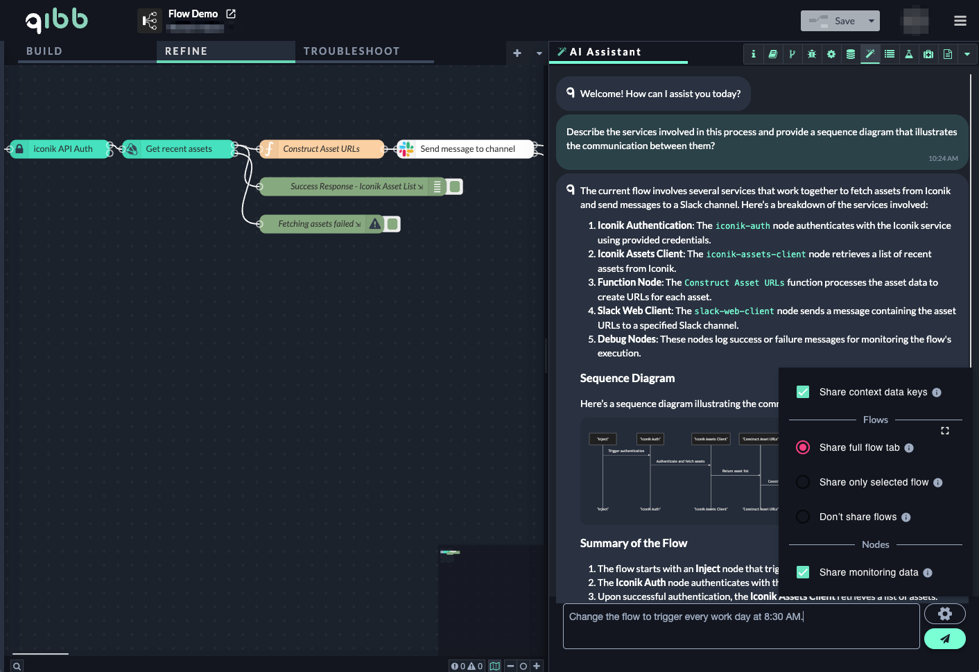 Workflow diagram and AI Copilot in the qibb Flow Editor.