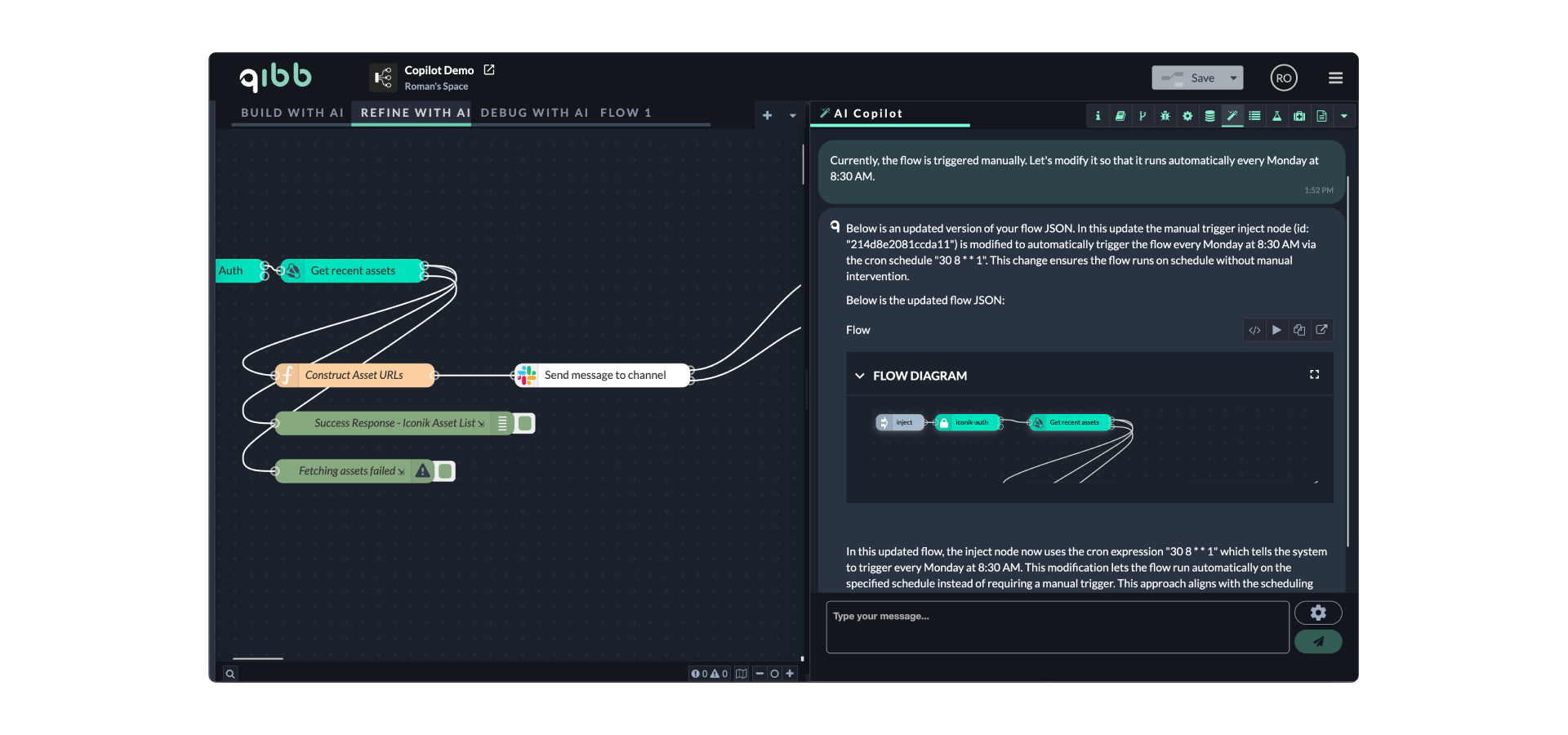 AI Copilot alongside a workflow in the qibb Flow Editor.