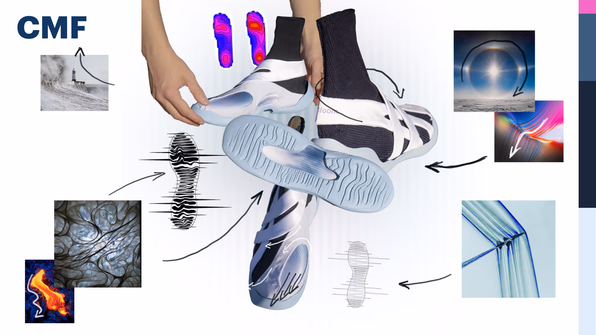 Colors, materials and finishes inspiration board for the shoe