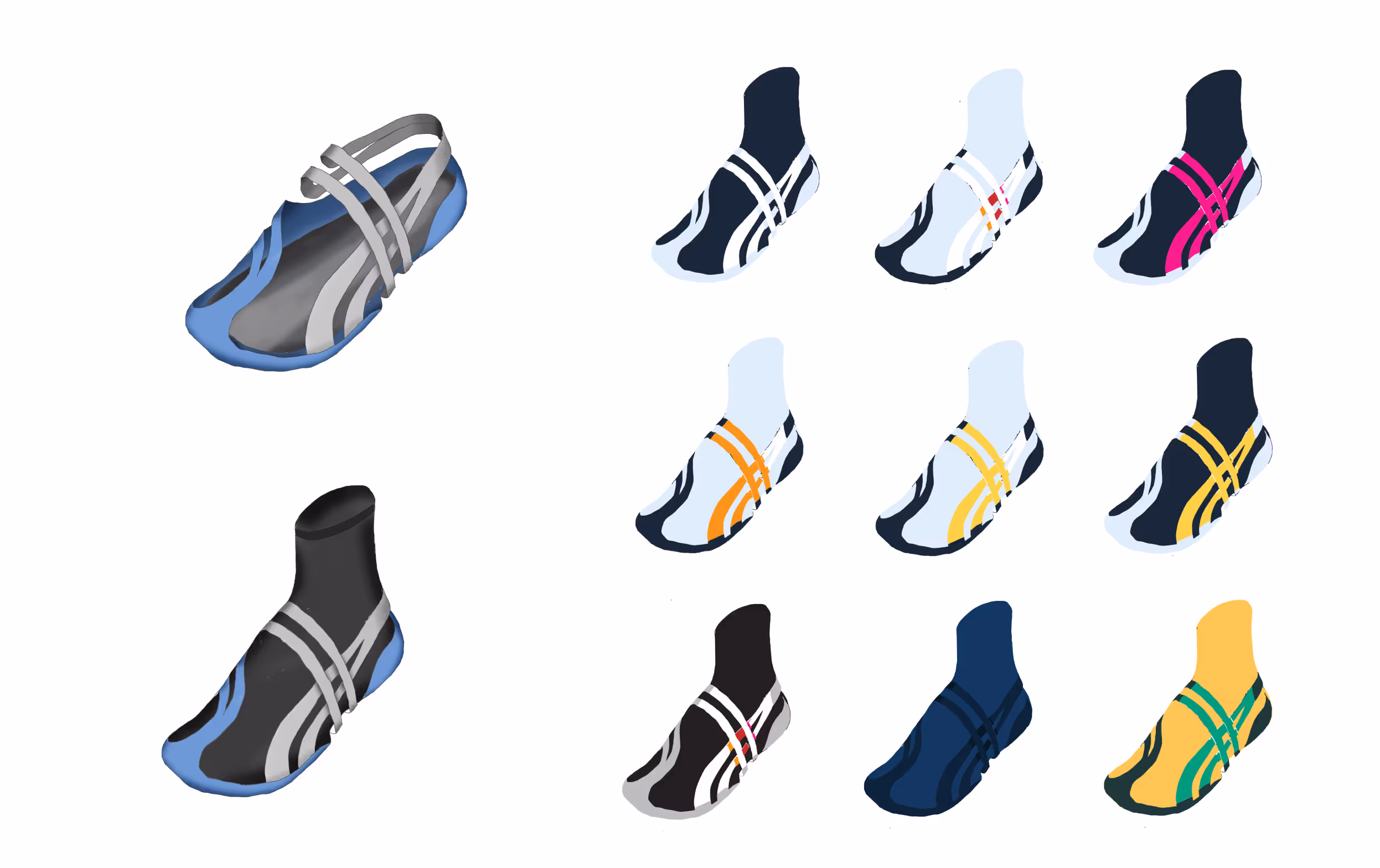 Digital sketches of different colorways for the final shoe