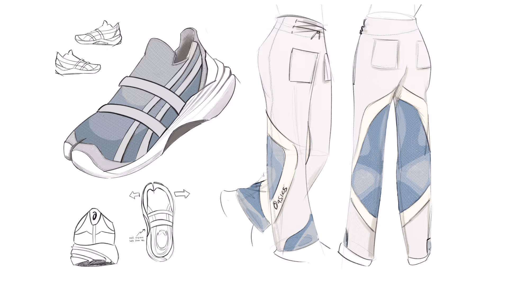 Initial sketches of the pants and shoes indicating where recovery should targer