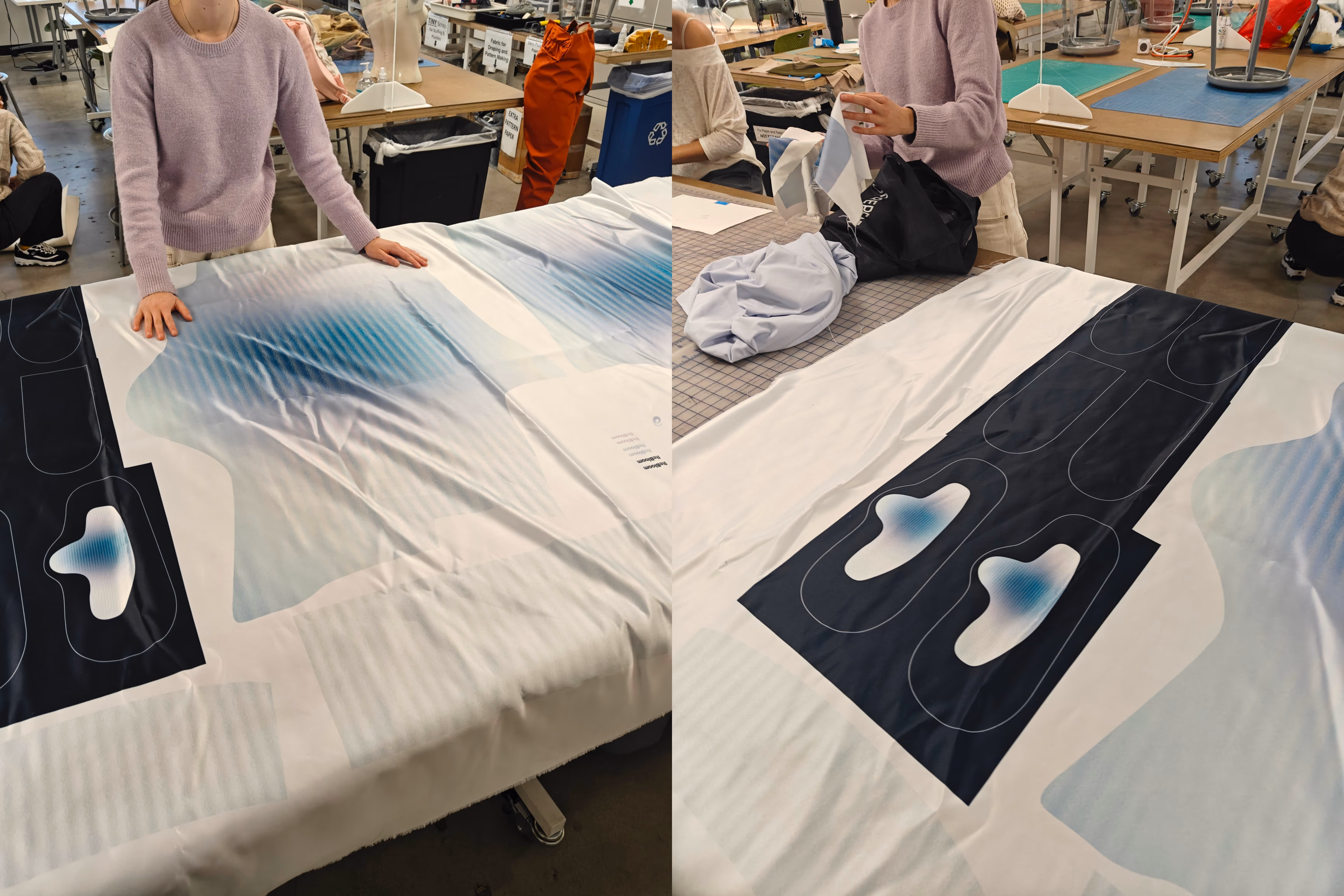 Picture of the printed pattern for the shoes and the pants in the ArtCenter sewing lab