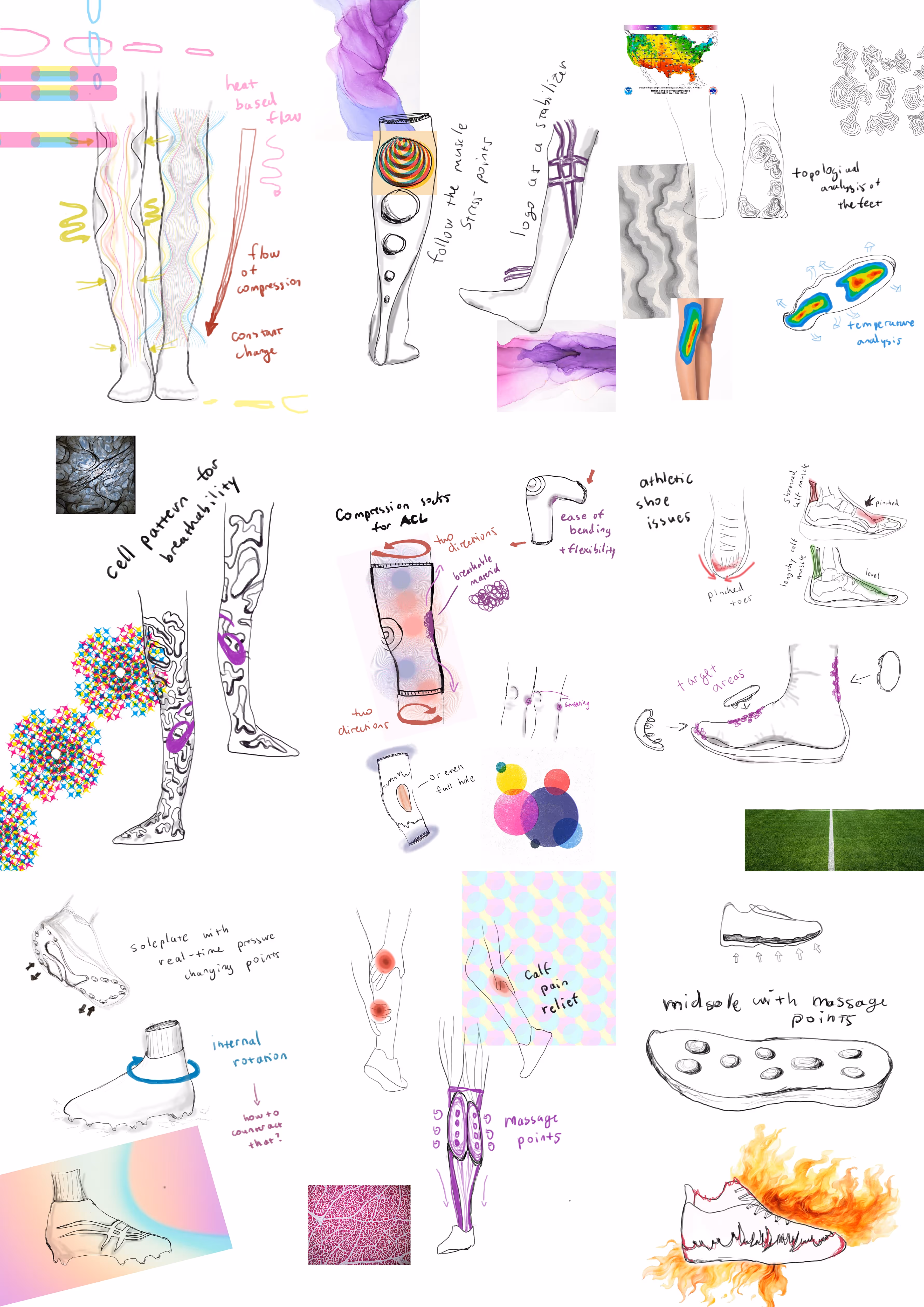 A large board of all the sketches done by Radovan for the final shoe