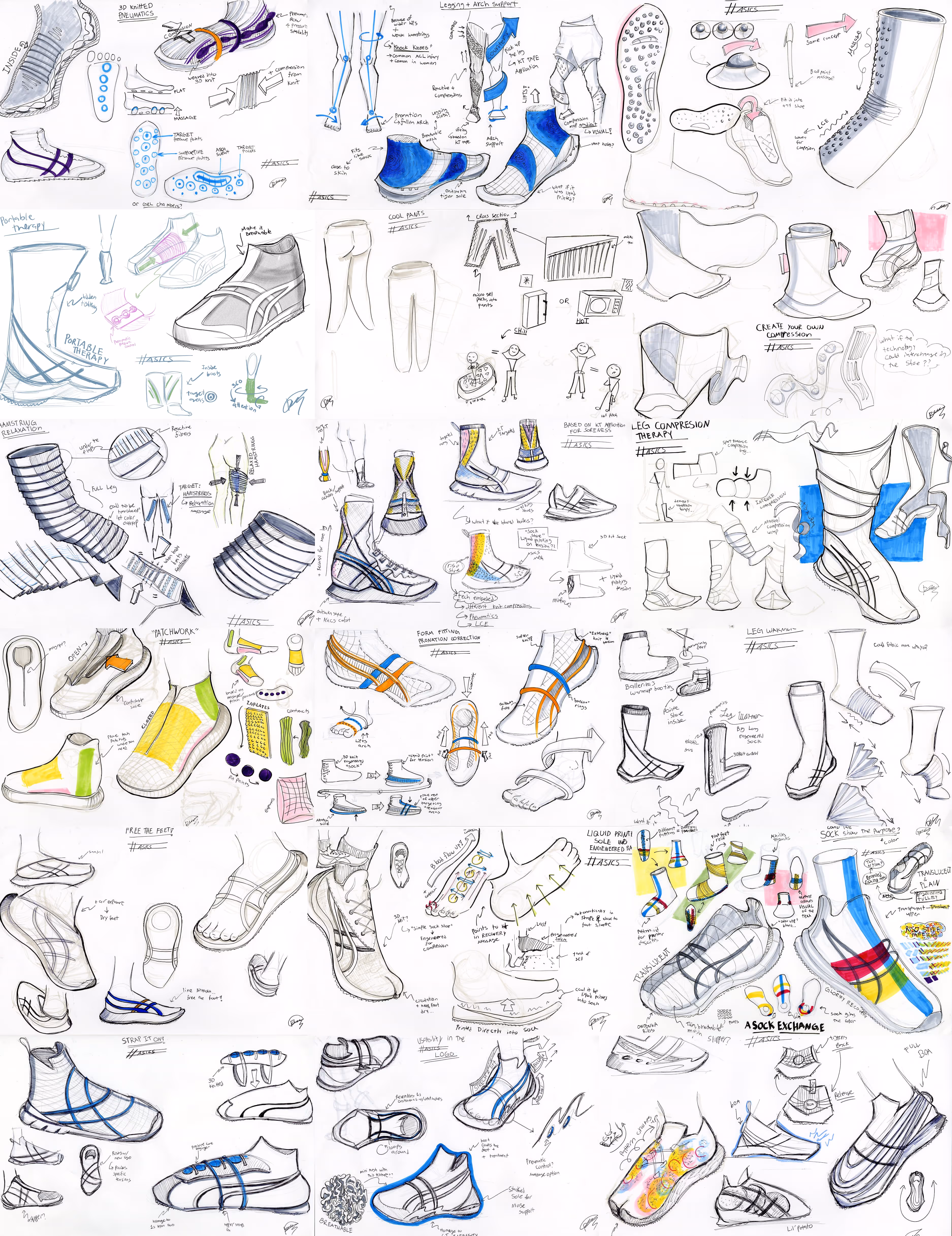 A large board of all the sketches done by Rosela for the final shoe