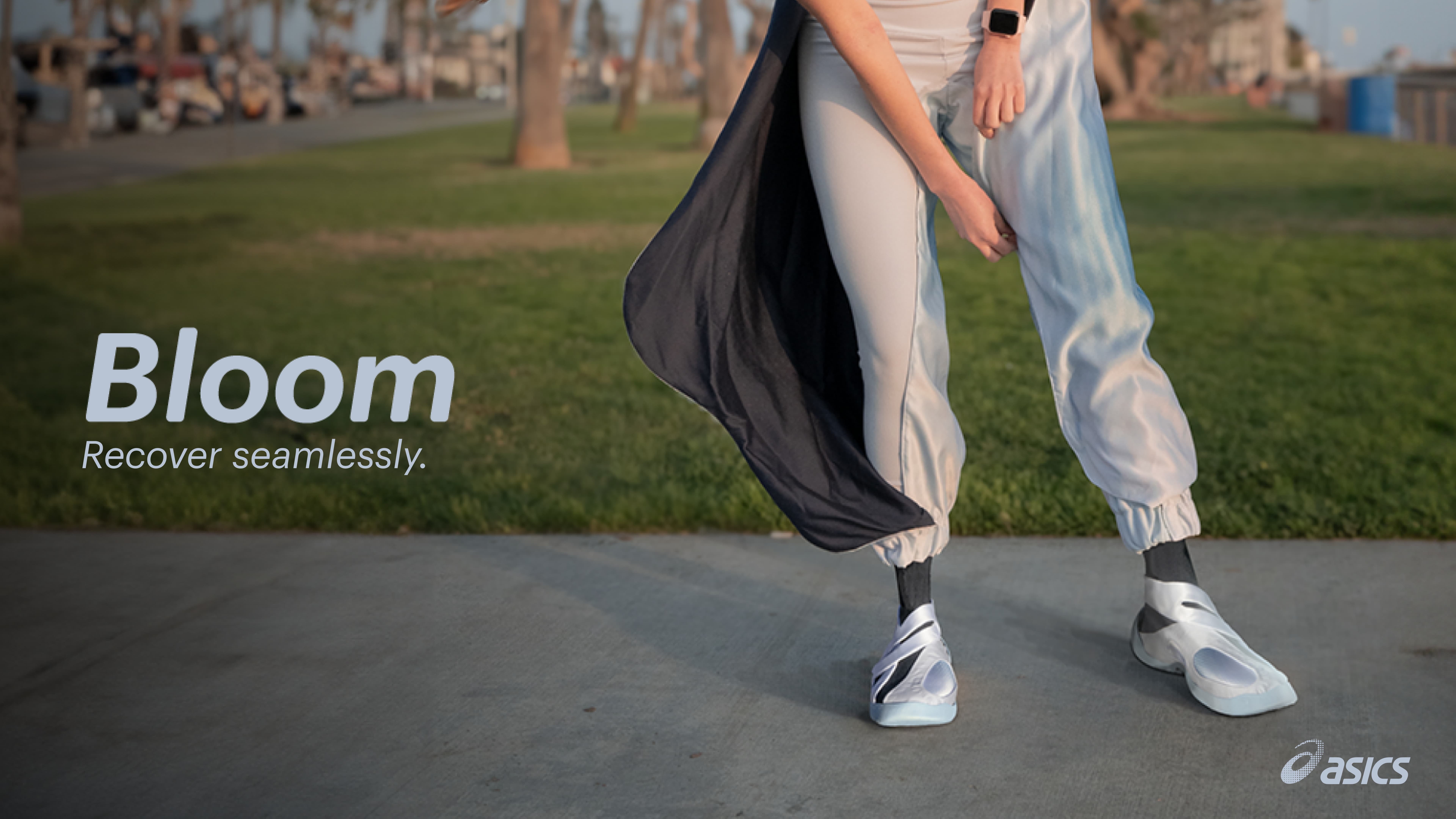 Project cover for the Asics Bloom project, showcasing the pants and the shoes and the slogan: Recover Seamlessly