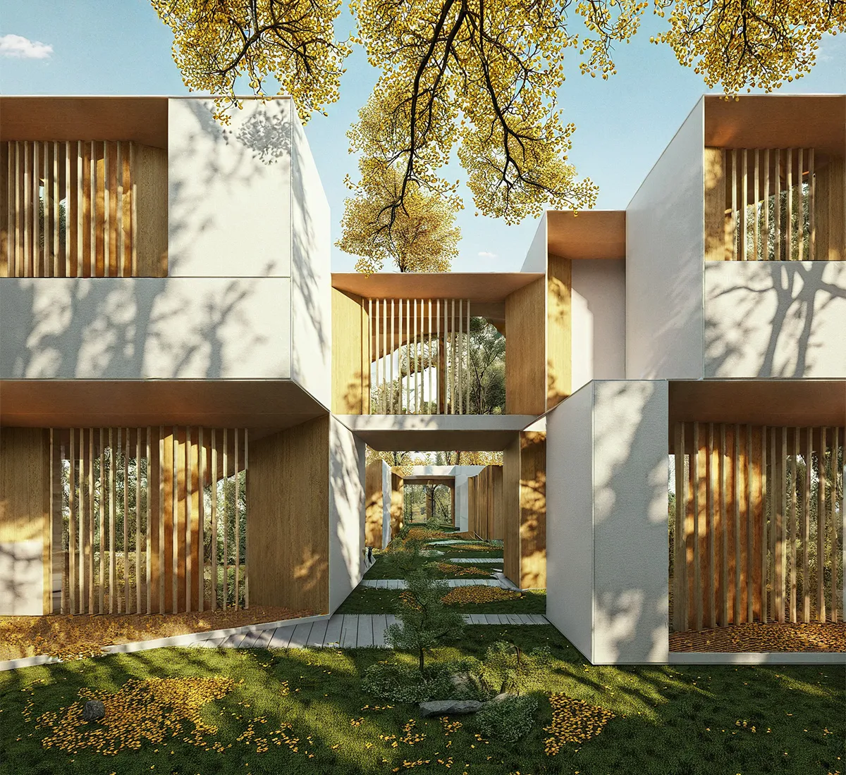 Realistic AI-rendered message with white and wood exteriors set within a natural landscape