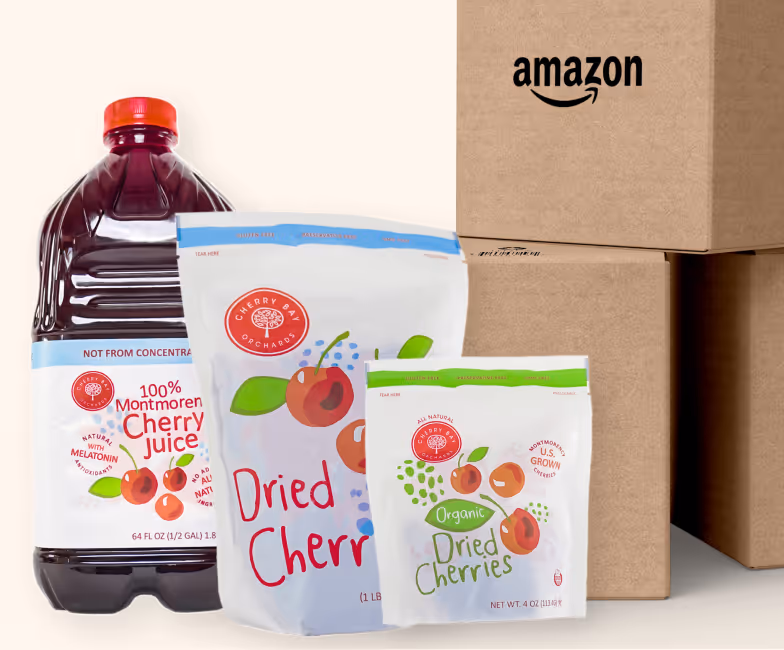Cherry Bay Orchards products next to Amazon box